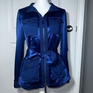 White House Black Market Navy Satin Utility Jacket Belted Size 6
